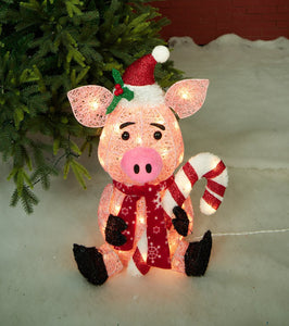 20" UL Glittering Thread Pig With Candy Cane Sculpture